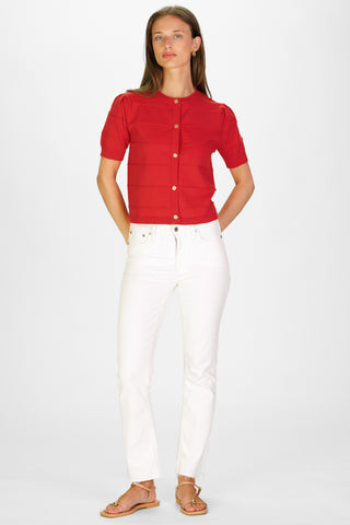 Puff Sleeve Textured Stripe Cardigan in Red Orange