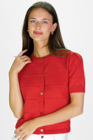 Puff Sleeve Textured Stripe Cardigan in Red Orange
