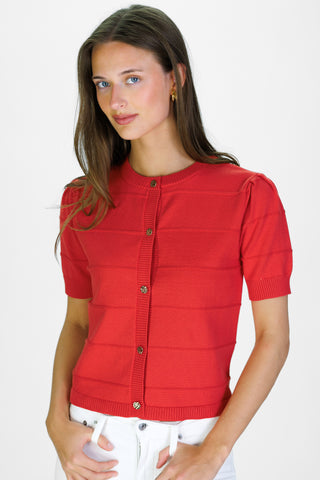 Puff Sleeve Textured Stripe Cardigan in Red Orange