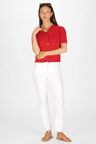 Puff Sleeve Textured Stripe Cardigan in Red Orange