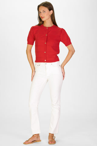 Puff Sleeve Textured Stripe Cardigan in Red Orange