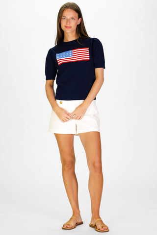 Women's Puff Sleeve Flag Sweater in Navy
