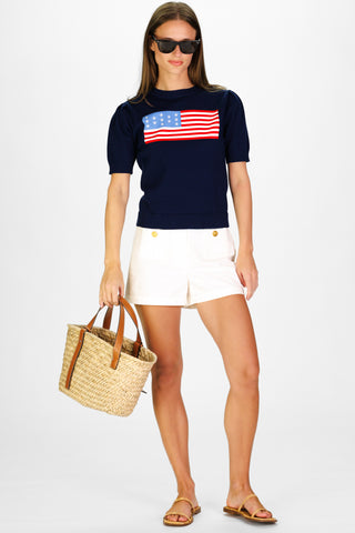 Women's Puff Sleeve Flag Sweater in Navy