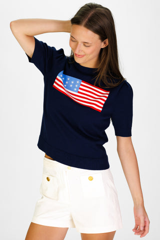 Women's Puff Sleeve Flag Sweater in Navy