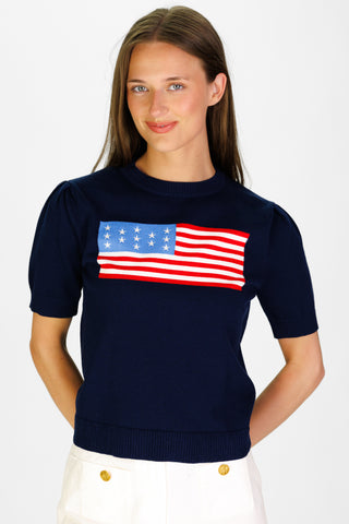 Women's Puff Sleeve Flag Sweater in Navy