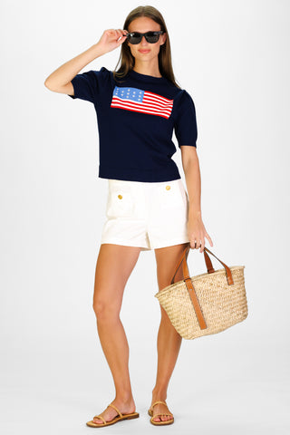 Women's Puff Sleeve Flag Sweater in Navy