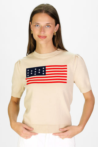 Women's Puff Sleeve Flag Sweater in Tan