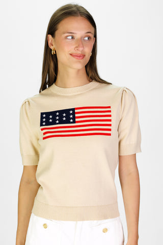 Women's Puff Sleeve Flag Sweater in Tan