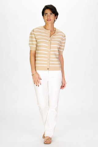 Puff Sleeve Cardigan in Tan & White Stripe