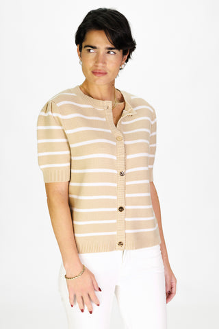 Puff Sleeve Cardigan in Tan & White Stripe