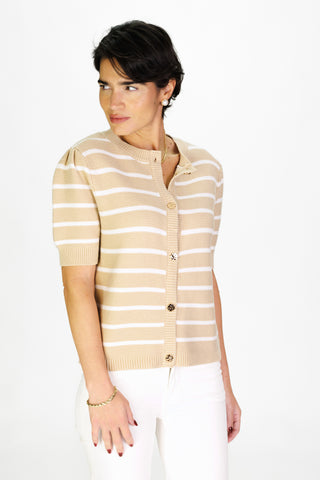 Puff Sleeve Cardigan in Tan & White Stripe