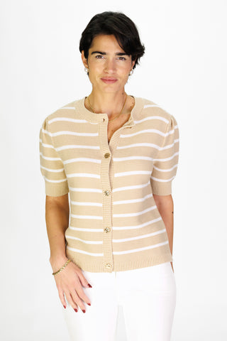 Puff Sleeve Cardigan in Tan & White Stripe