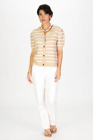 Puff Sleeve Cardigan in Tan & White Stripe
