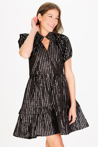 Ramsey Dress in Black Clipped Metallic Silver Stripe