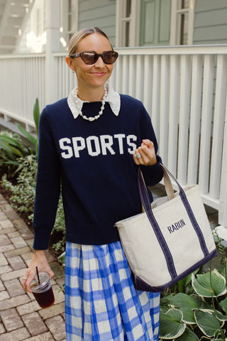 Navy Cotton 'SPORTS' Crew Neck Sweater
