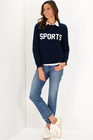Navy Cotton 'SPORTS' Crew Neck Sweater