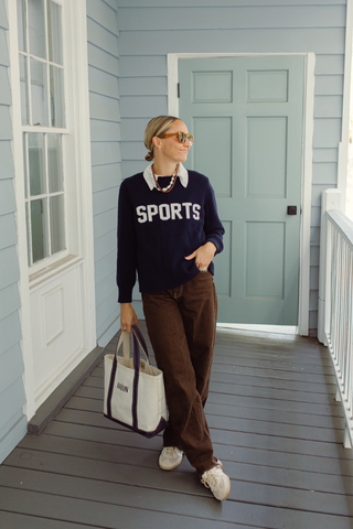 Navy Cotton 'SPORTS' Crew Neck Sweater