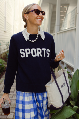 Navy Cotton 'SPORTS' Crew Neck Sweater