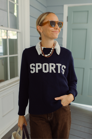 Navy Cotton 'SPORTS' Crew Neck Sweater