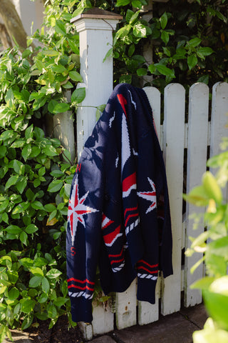 Women's Shawl Neck Cardigan in Navy Sailboats