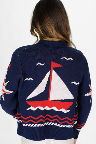 Women's Shawl Neck Cardigan in Navy Sailboats