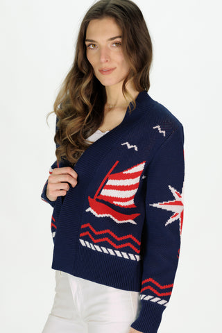 Women's Shawl Neck Cardigan in Navy Sailboats