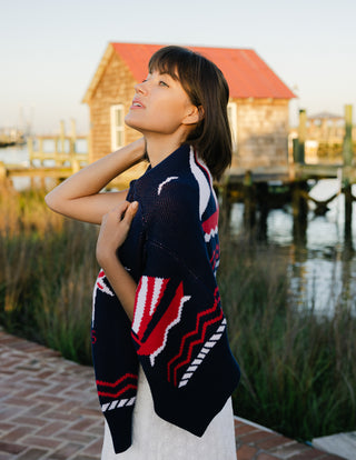 Women's Shawl Neck Cardigan in Navy Sailboats
