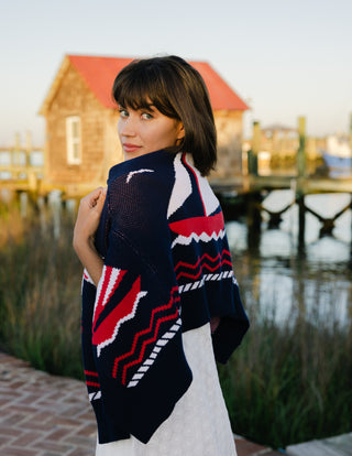 Women's Shawl Neck Cardigan in Navy Sailboats