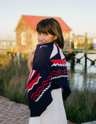 Women's Shawl Neck Cardigan in Navy Sailboats