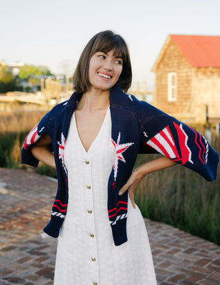 Women's Shawl Neck Cardigan in Navy Sailboats