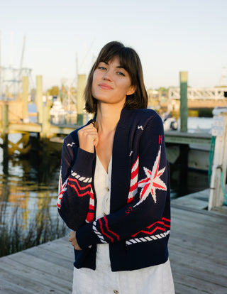 Women's Shawl Neck Cardigan in Navy Sailboats
