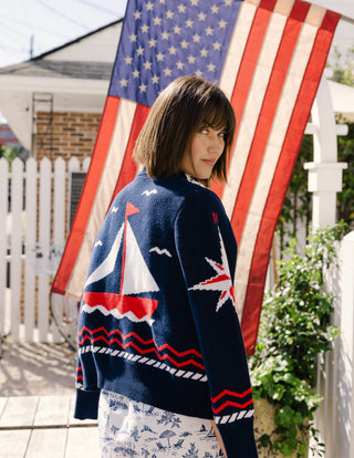 Women's Shawl Neck Cardigan in Navy Sailboats