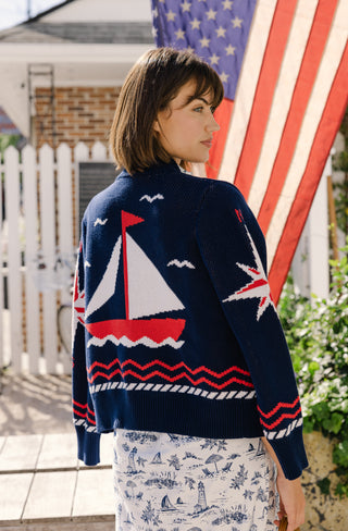Women's Shawl Neck Cardigan in Navy Sailboats