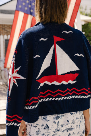 Women's Shawl Neck Cardigan in Navy Sailboats