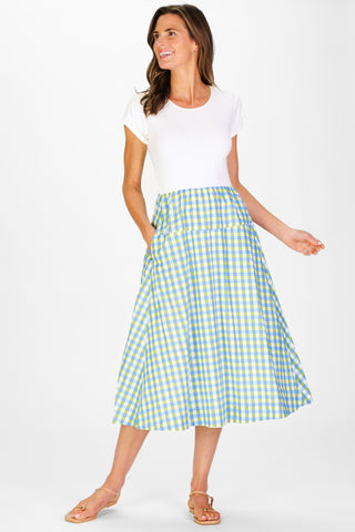 Short Sleeve Jada Dress in White with Green & Blue Gingham