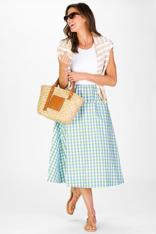 Short Sleeve Jada Dress in White with Green & Blue Gingham