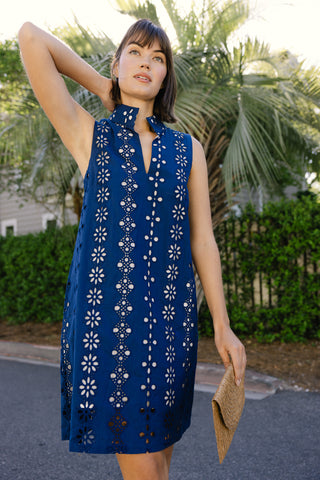 Women's Sleeveless Fia Dress in Navy Garden Eyelet