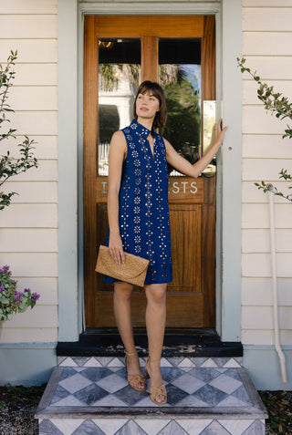 Women's Sleeveless Fia Dress in Navy Garden Eyelet