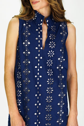 Women's Sleeveless Fia Dress in Navy Garden Eyelet