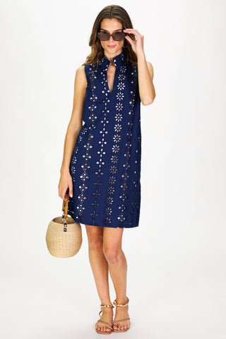 Women's Sleeveless Fia Dress in Navy Garden Eyelet