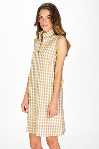 Sleeveless Fia Dress in Tan Gingham Seersucker