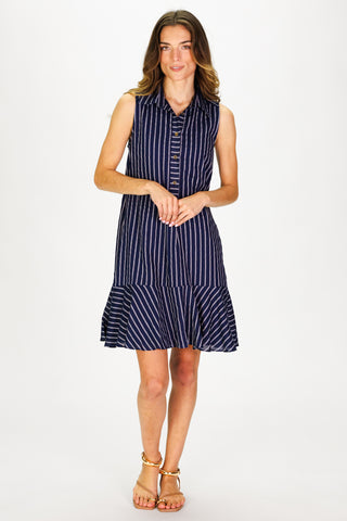 Women's Sleeveless Iris Dress in Navy Linen Stripe