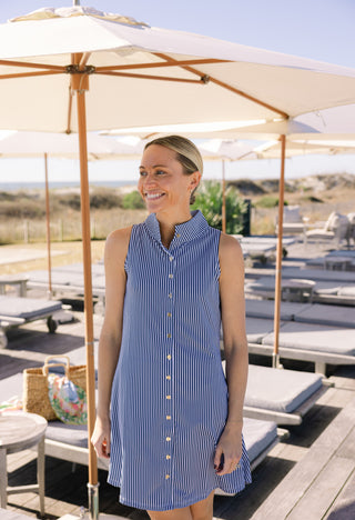 Solar Stretch Noah Dress in Navy Seersucker Stripe