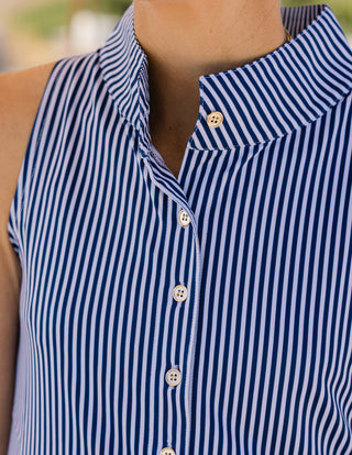 Solar Stretch Noah Dress in Navy Seersucker Stripe