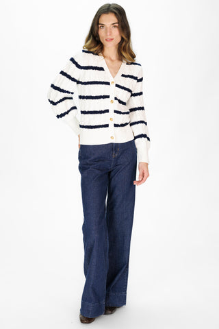 Chloe Cable Knit Cardigan in Ivory with Navy Stripes