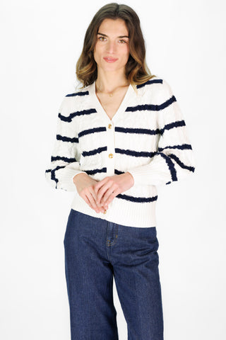 Chloe Cable Knit Cardigan in Ivory with Navy Stripes