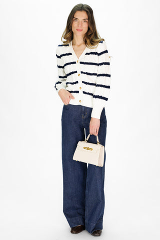 Chloe Cable Knit Cardigan in Ivory with Navy Stripes