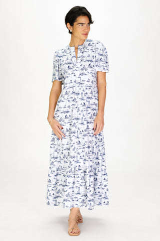 Taryn Dress in White with Navy Toile