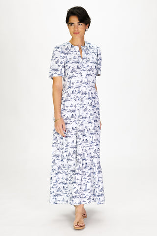 Taryn Dress in White with Navy Toile