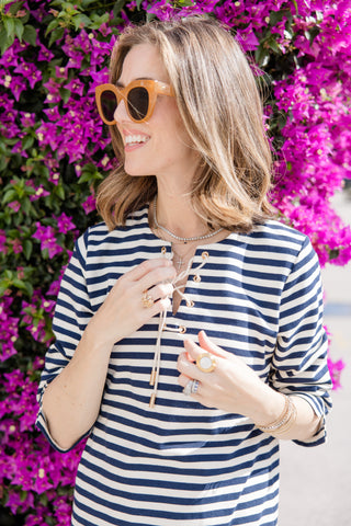 French Terry Teddy Dress in Navy & White Stripe